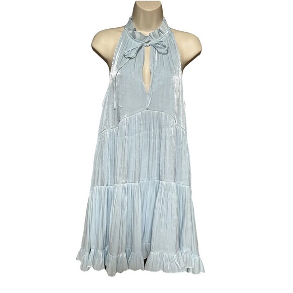 Cinq à Sept Phyllis Size 10 Keyhole Neck Tiered Mini Dress Metallic Blue - Picture 5 of 15